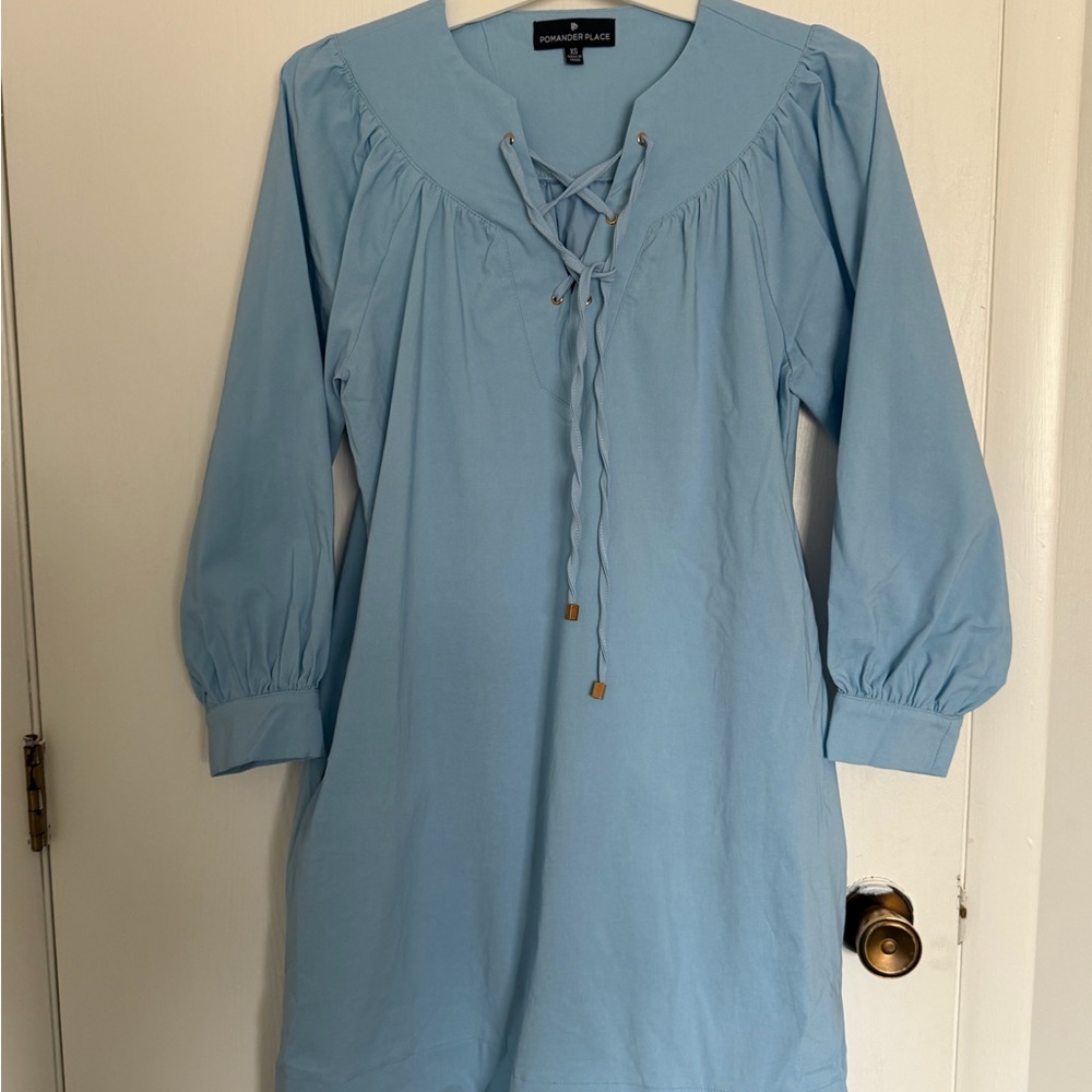 Tuckernuck Pomander Place Light Blue Lace-Up Long Sleeve Shift Dress NWOT